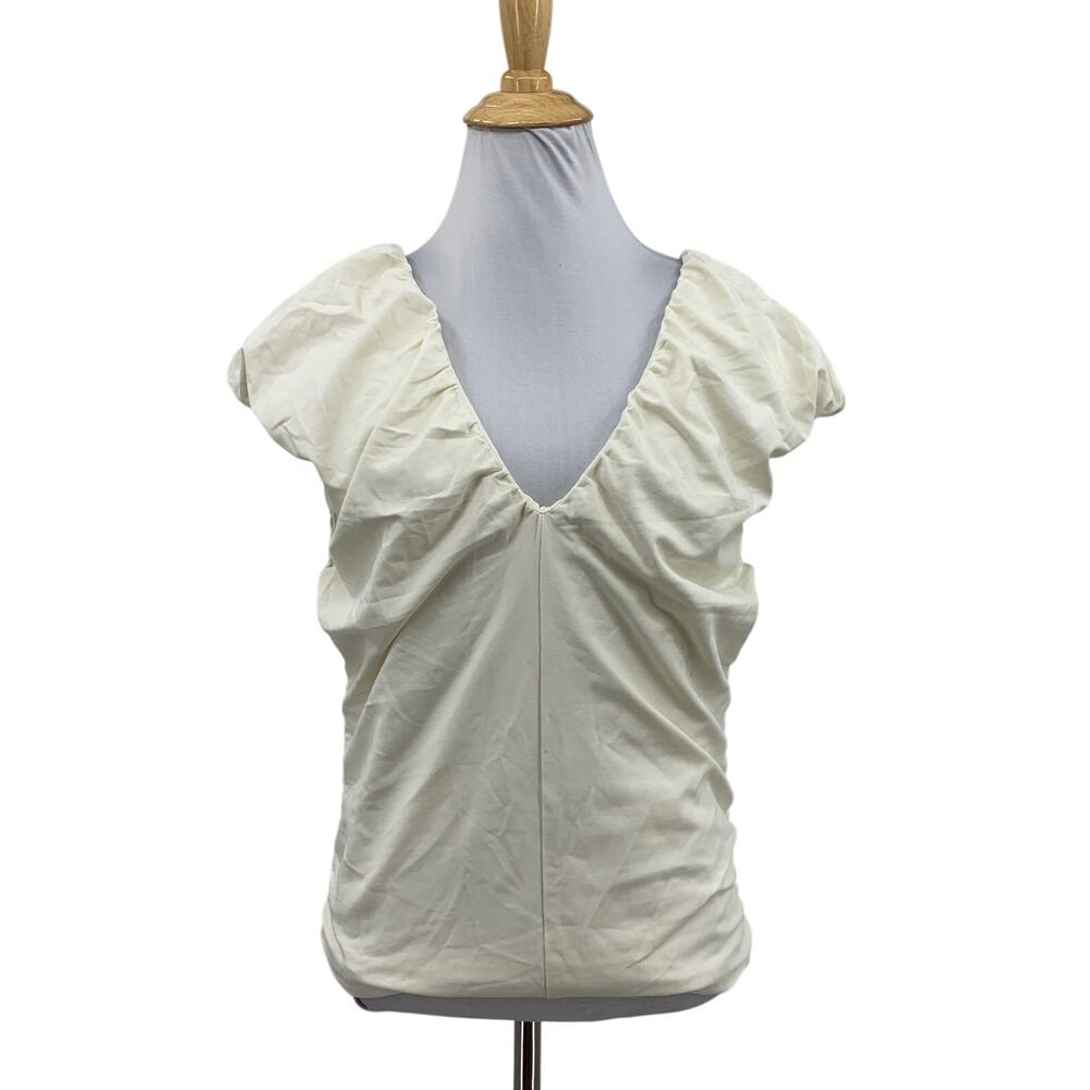 J Crew Top Womens L Large Ivory Cotton Blend Ruched Puff Sleeves V Neck Stretch